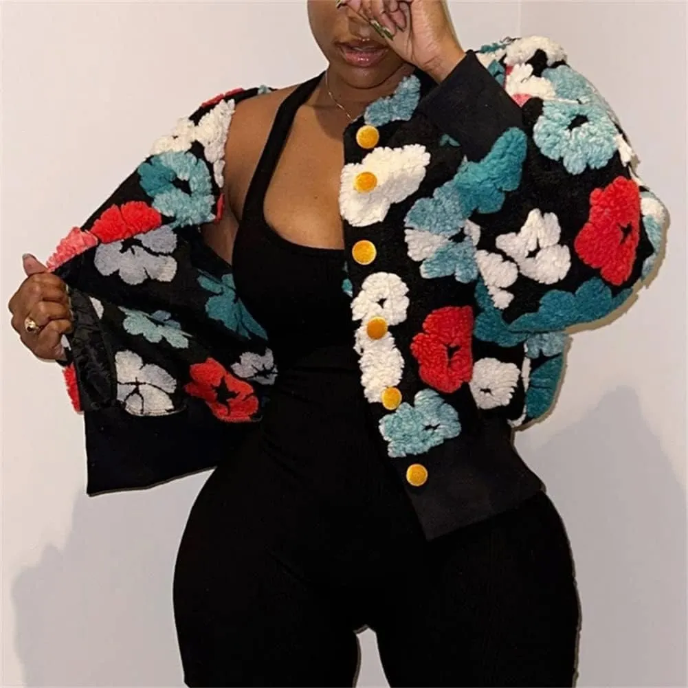 Hotmiss Women's Cropped Wool Floral Print Fleece Jacket Long Sleeve Button Down Bomber Jacket