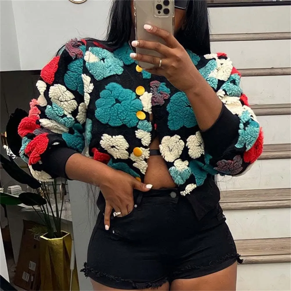 Hotmiss Women's Cropped Wool Floral Print Fleece Jacket Long Sleeve Button Down Bomber Jacket