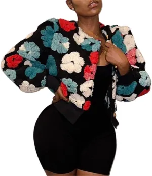 Hotmiss Women's Cropped Wool Floral Print Fleece Jacket Long Sleeve Button Down Bomber Jacket