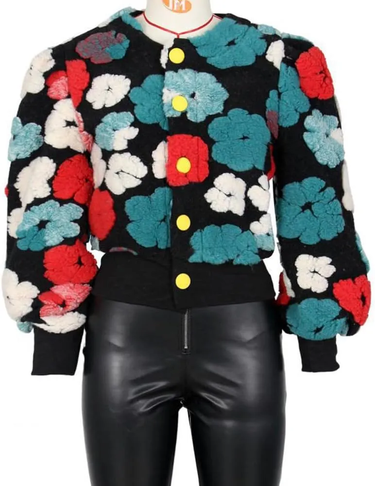 Hotmiss Women's Cropped Wool Floral Print Fleece Jacket Long Sleeve Button Down Bomber Jacket