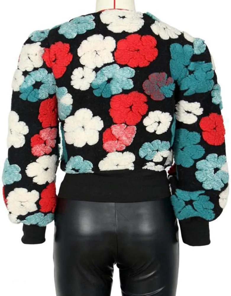 Hotmiss Women's Cropped Wool Floral Print Fleece Jacket Long Sleeve Button Down Bomber Jacket