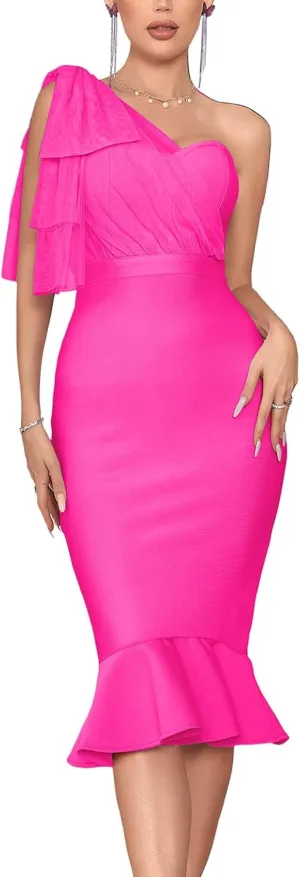 houstil Women's One Shoulder Fishtail Wedding Guest Bandage Dress Mesh Midi Graduation Bodycon Party Club Dresses