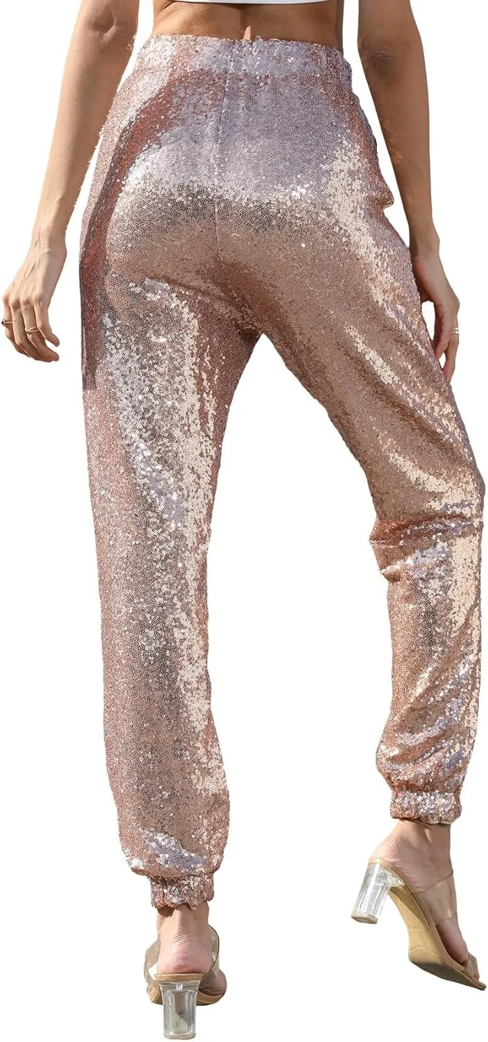 J&DHUASHA Womens Casual Sparkly Sequin Pants High Waist Glitter Joggers Pants Bling Party Skinny Pants