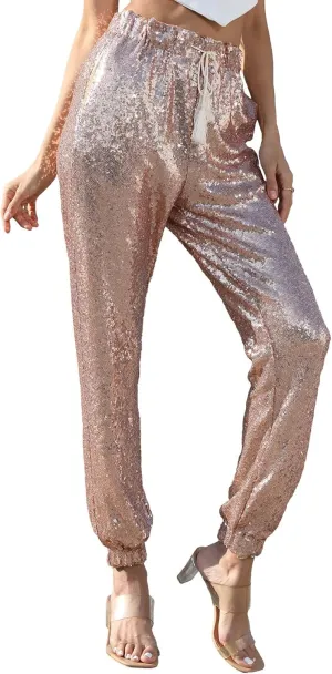 J&DHUASHA Womens Casual Sparkly Sequin Pants High Waist Glitter Joggers Pants Bling Party Skinny Pants