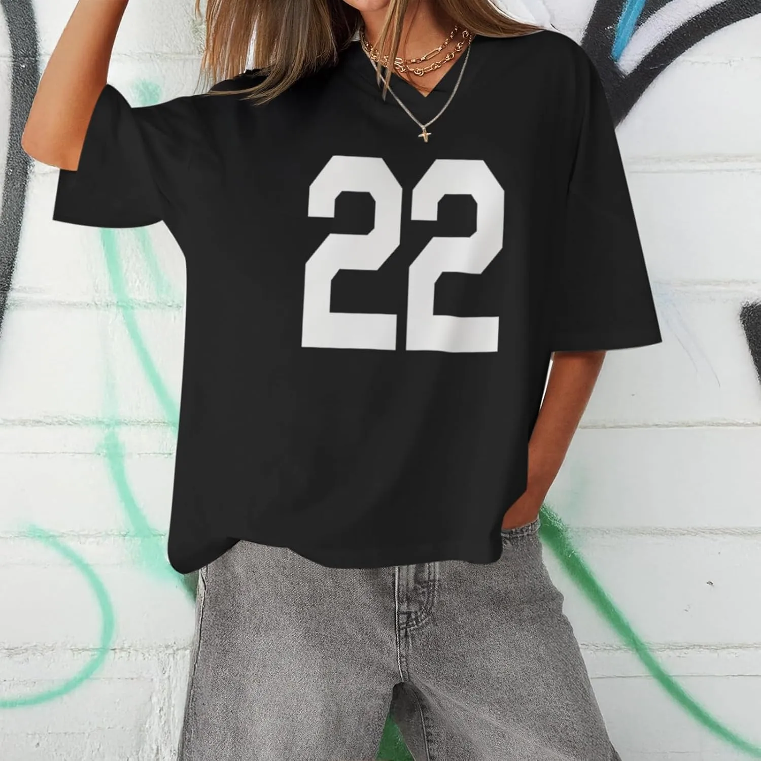 Jersey Shirts Oversized Graphic Tees Y2k for Women Number V Neck Baggy T Shirts Grunge Coquette Clothes Streetwear