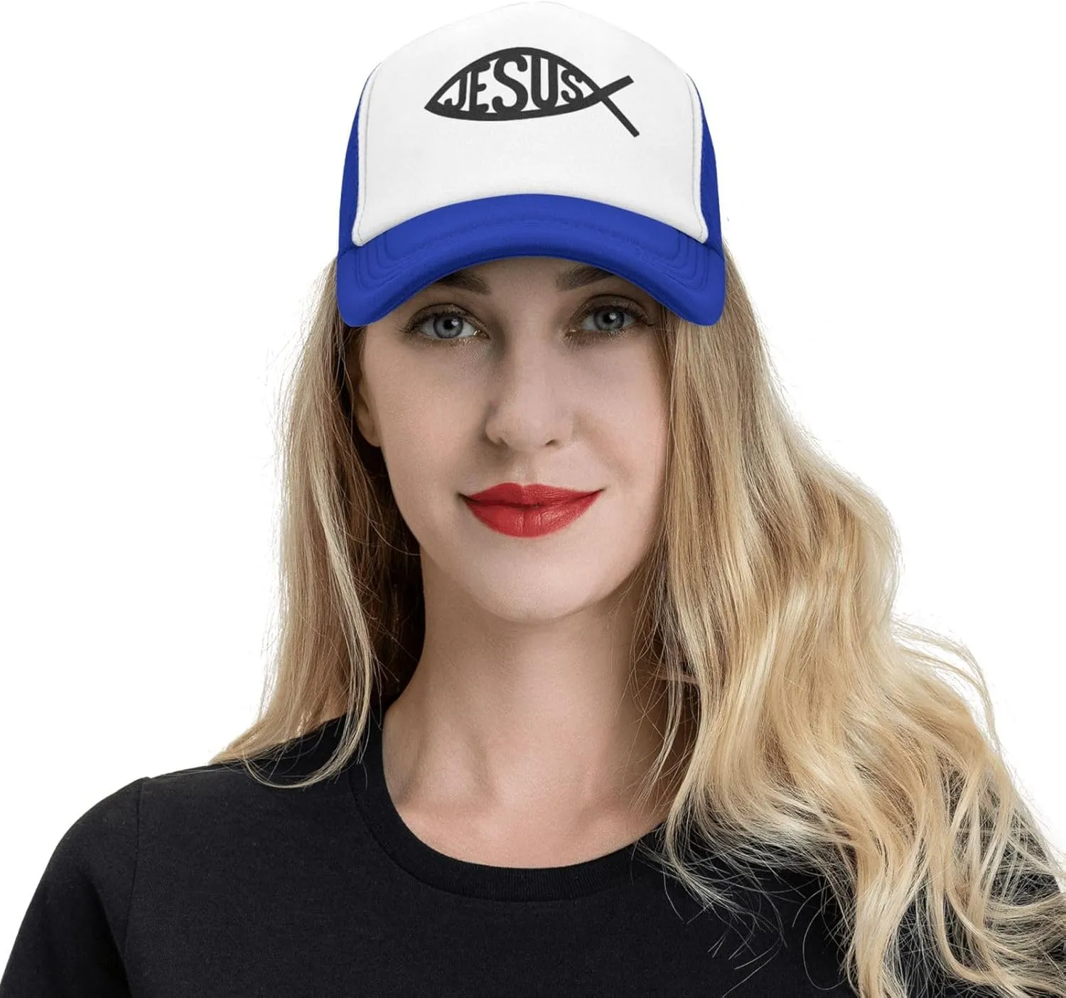 Jesus Fish Mesh Trucker Hat Men Baseball Cap Men Ponytail Hat Women Dad Hat Adjustable Sun Hat Black
