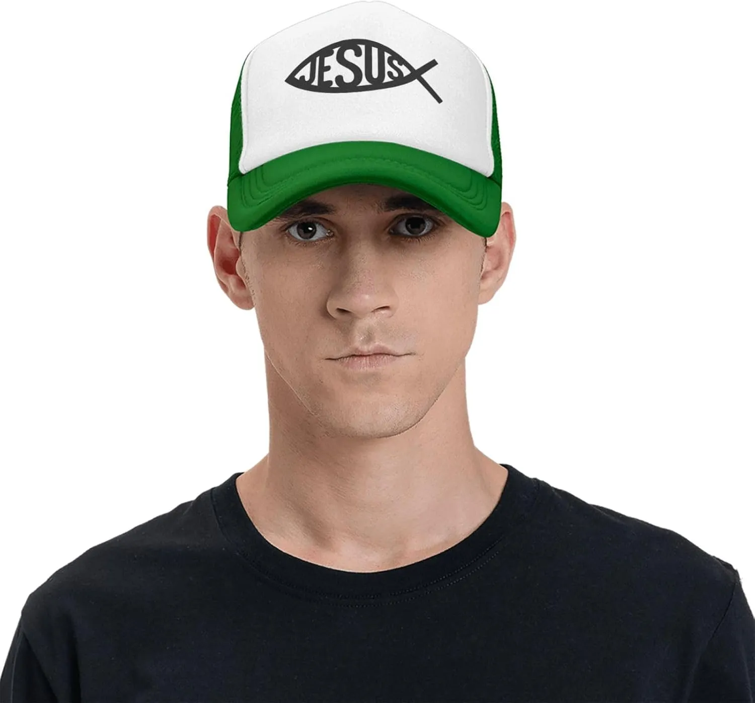 Jesus Fish Mesh Trucker Hat Men Baseball Cap Men Ponytail Hat Women Dad Hat Adjustable Sun Hat Black