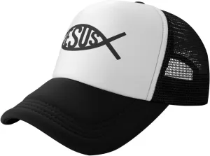 Jesus Fish Mesh Trucker Hat Men Baseball Cap Men Ponytail Hat Women Dad Hat Adjustable Sun Hat Black