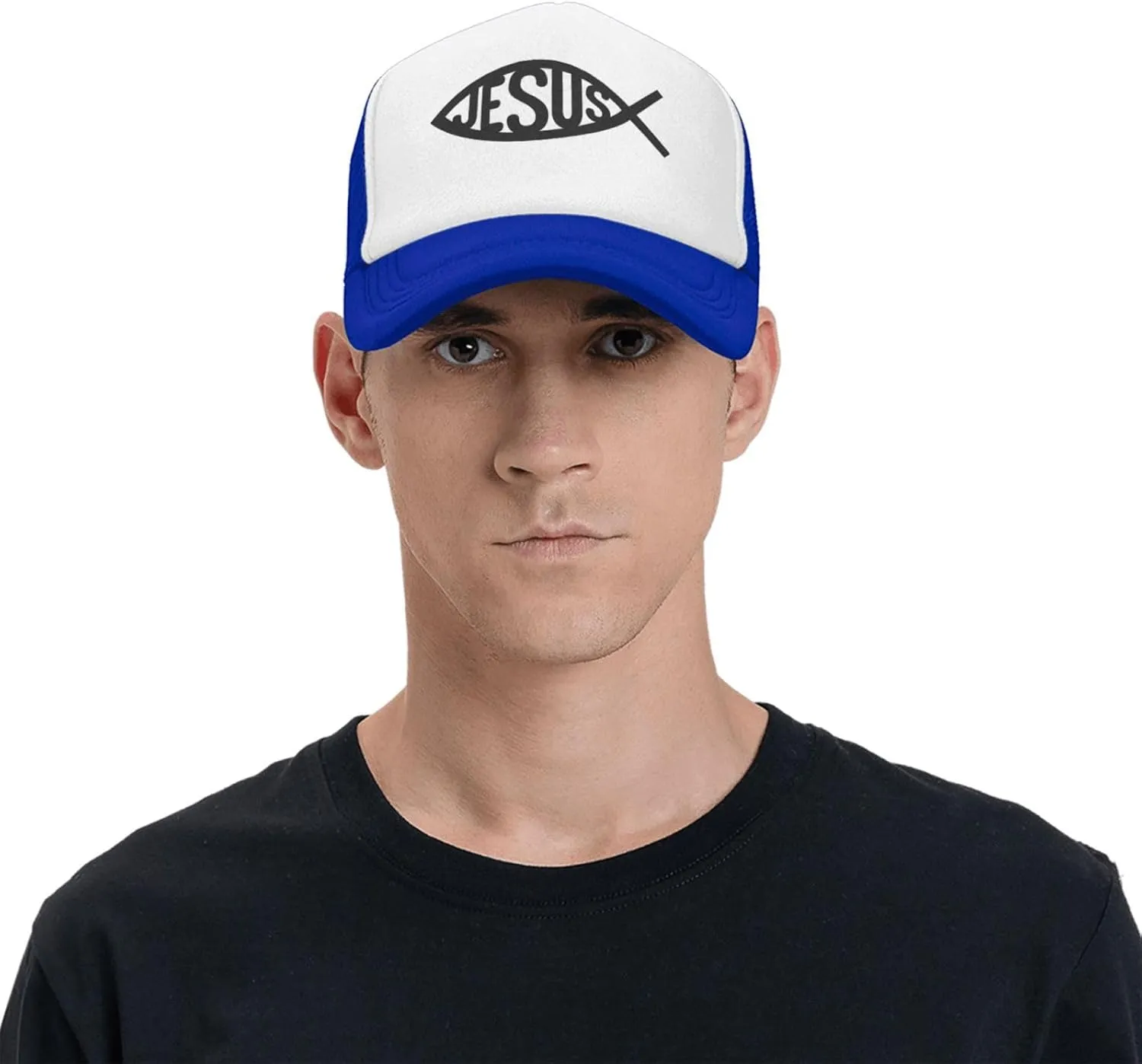 Jesus Fish Mesh Trucker Hat Men Baseball Cap Men Ponytail Hat Women Dad Hat Adjustable Sun Hat Black