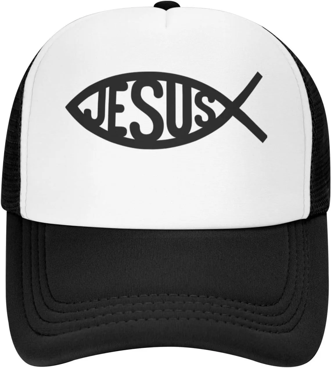 Jesus Fish Mesh Trucker Hat Men Baseball Cap Men Ponytail Hat Women Dad Hat Adjustable Sun Hat Black