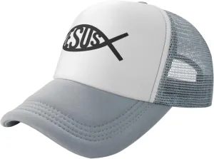 Jesus Fish Mesh Trucker Hat Men Baseball Cap Men Ponytail Hat Women Dad Hat Adjustable Sun Hat Black