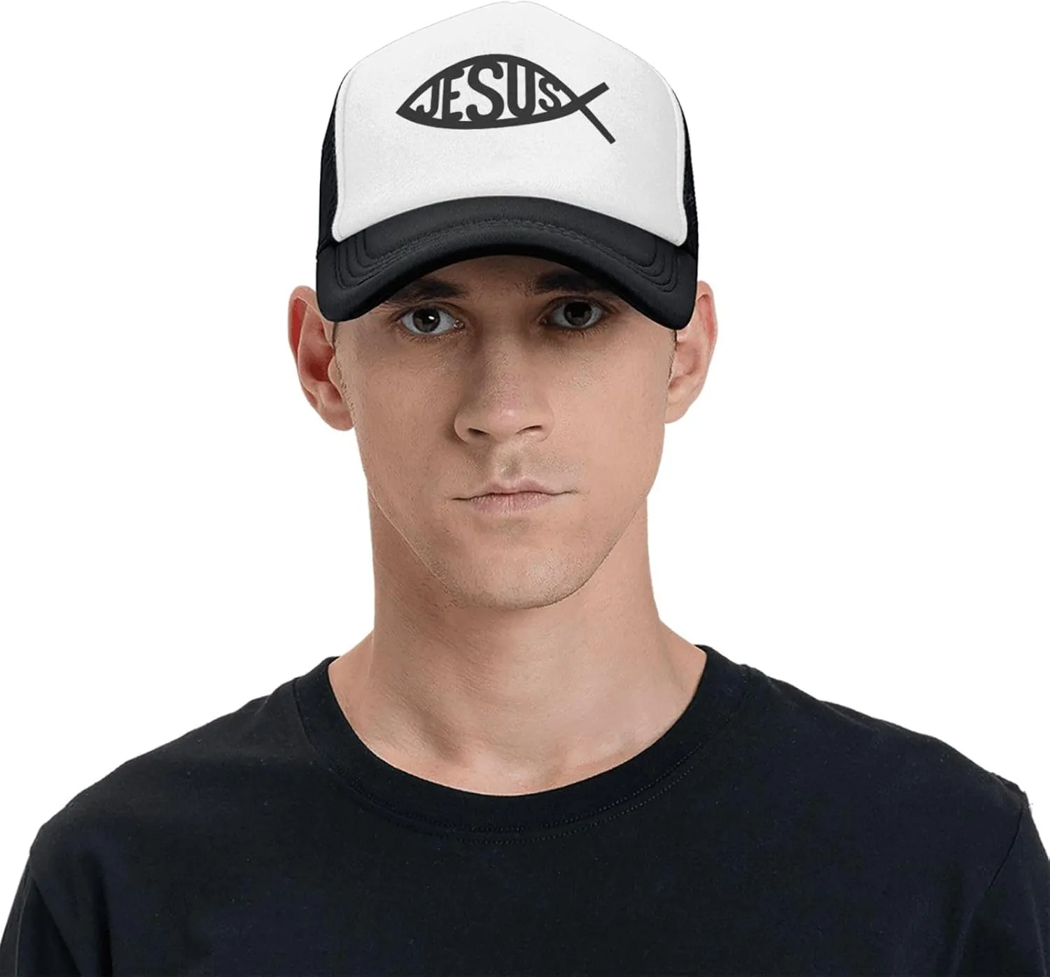 Jesus Fish Mesh Trucker Hat Men Baseball Cap Men Ponytail Hat Women Dad Hat Adjustable Sun Hat Black
