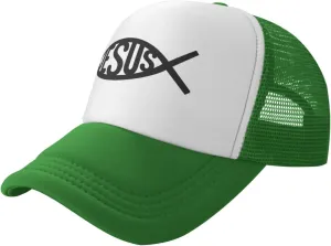 Jesus Fish Mesh Trucker Hat Men Baseball Cap Men Ponytail Hat Women Dad Hat Adjustable Sun Hat Black