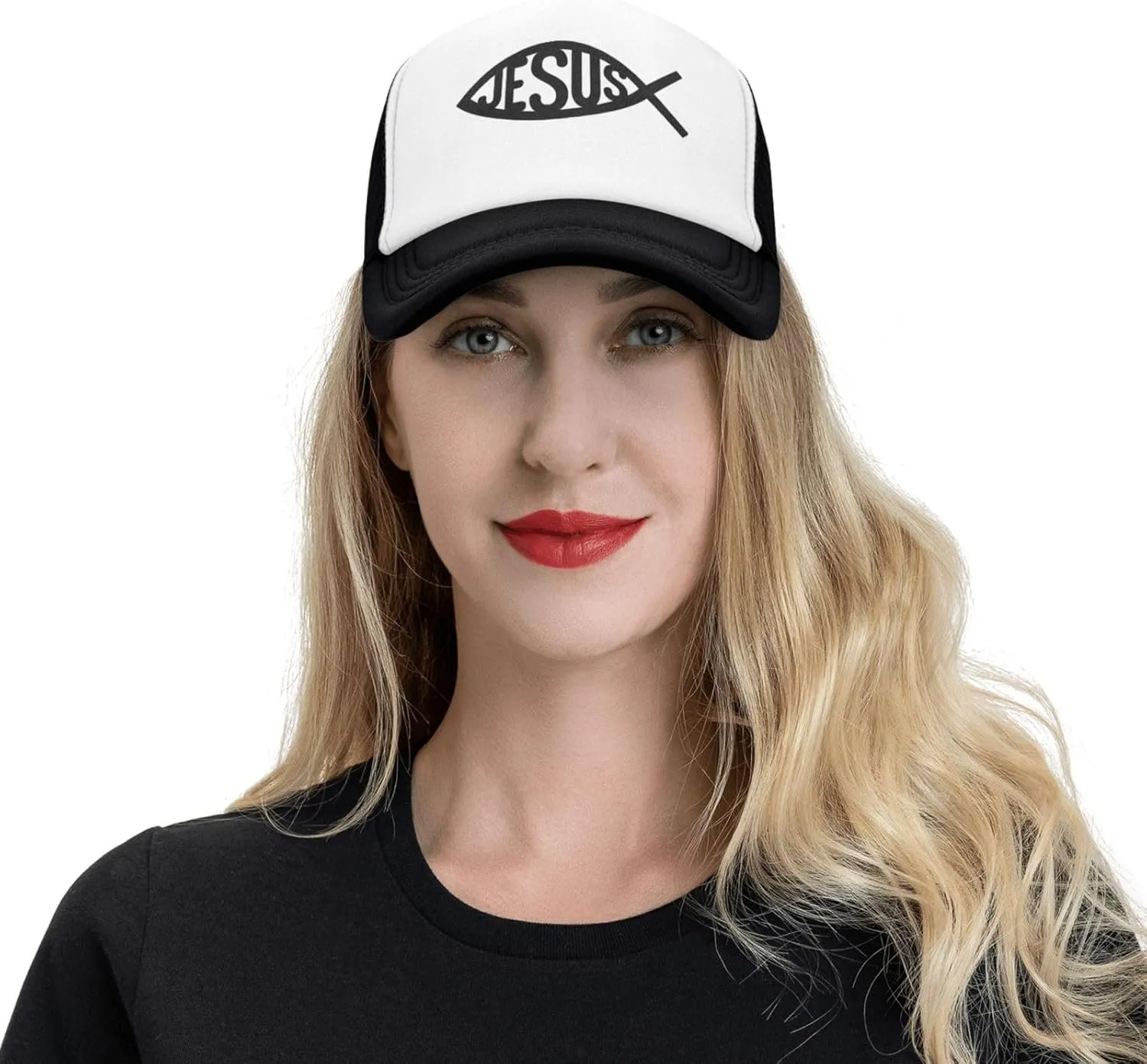 Jesus Fish Mesh Trucker Hat Men Baseball Cap Men Ponytail Hat Women Dad Hat Adjustable Sun Hat Black