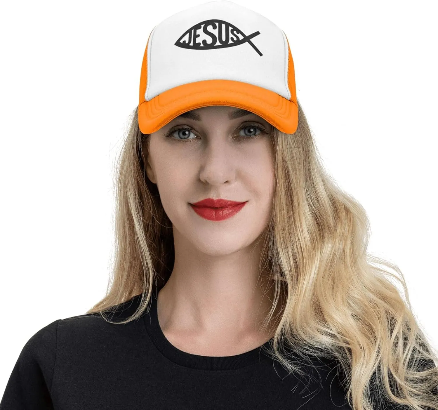 Jesus Fish Mesh Trucker Hat Men Baseball Cap Men Ponytail Hat Women Dad Hat Adjustable Sun Hat Black