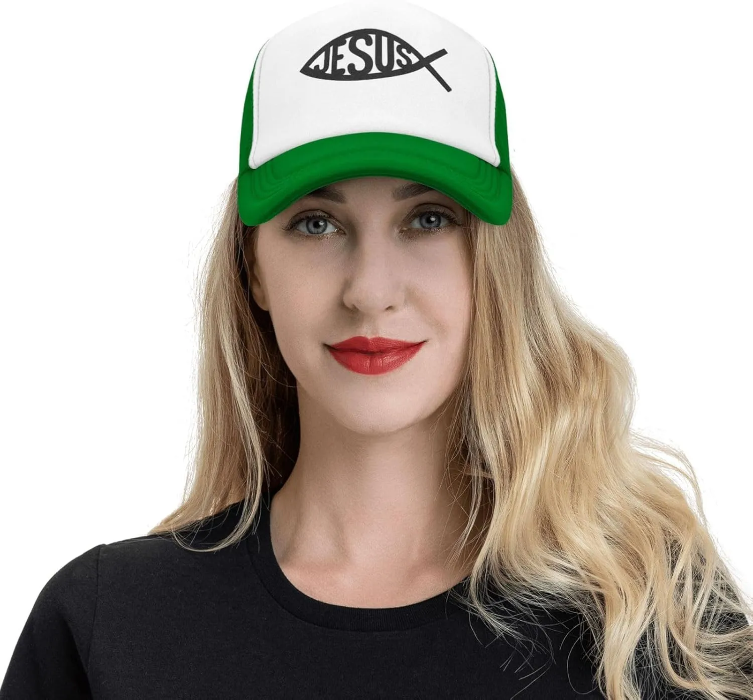 Jesus Fish Mesh Trucker Hat Men Baseball Cap Men Ponytail Hat Women Dad Hat Adjustable Sun Hat Black