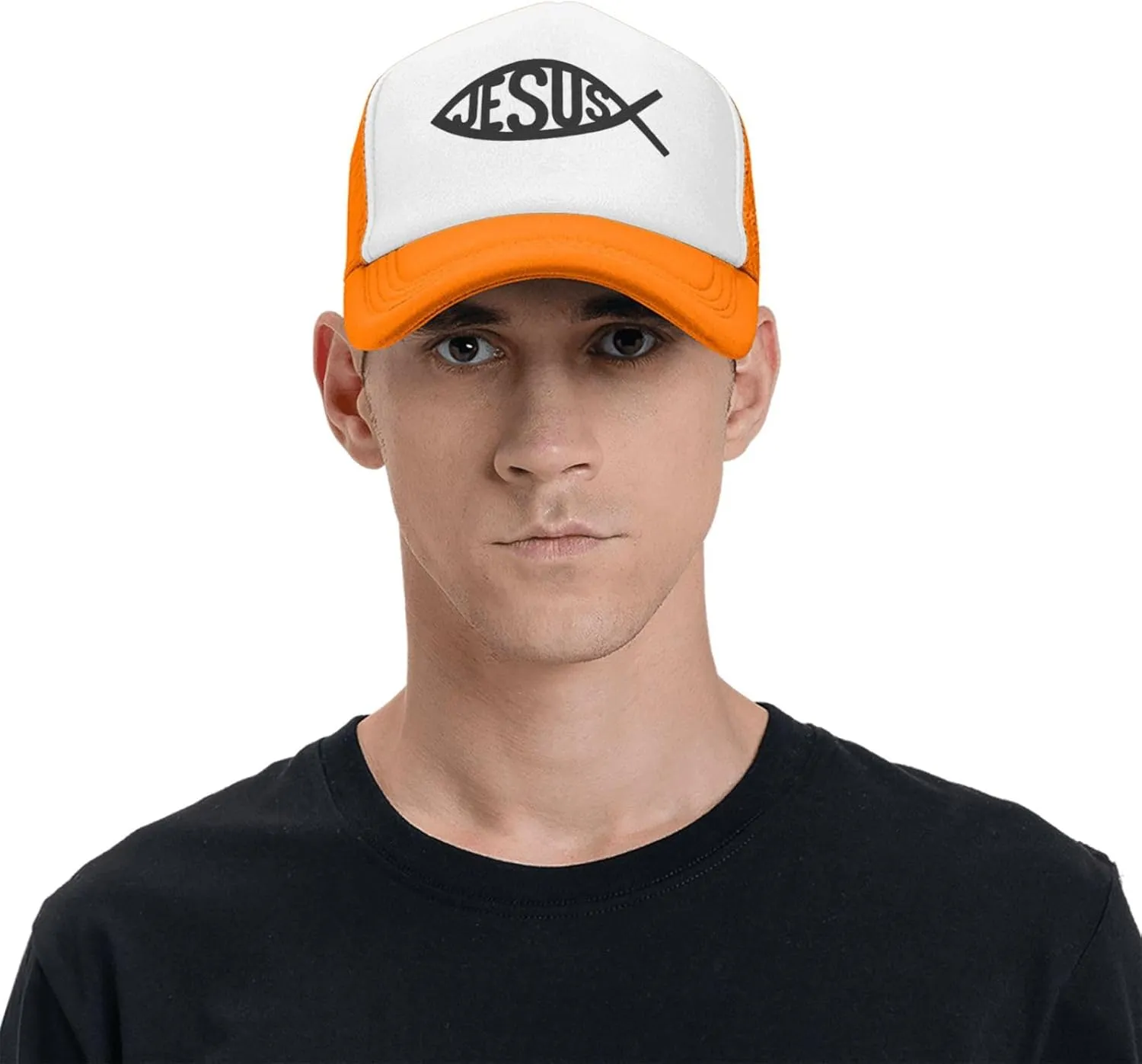 Jesus Fish Mesh Trucker Hat Men Baseball Cap Men Ponytail Hat Women Dad Hat Adjustable Sun Hat Black