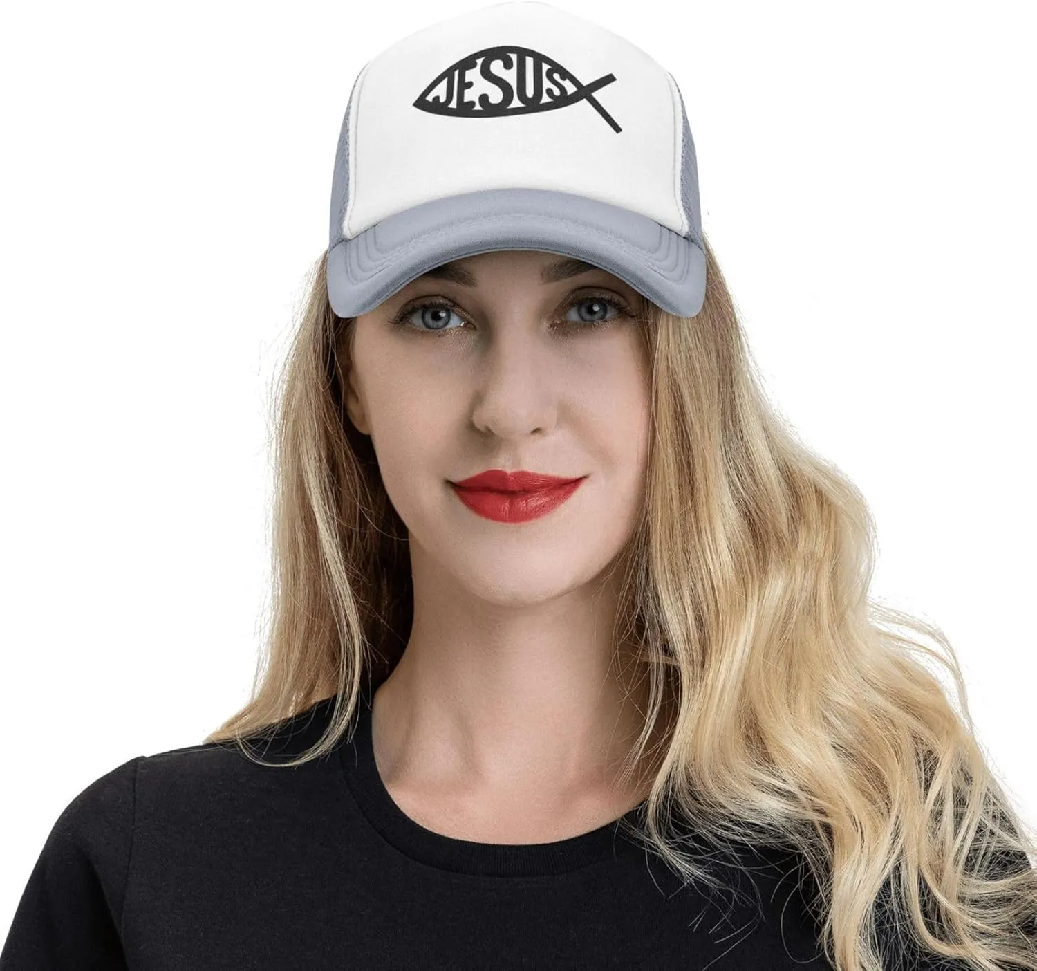 Jesus Fish Mesh Trucker Hat Men Baseball Cap Men Ponytail Hat Women Dad Hat Adjustable Sun Hat Black