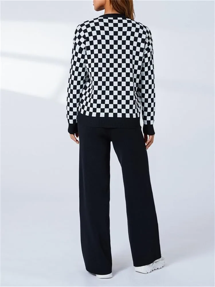 KEOMUD Women's Fall 2 Piece Outfits Knit Sweater Sets Long Sleeve V Neck Plaid Cardigan and Wide Leg Pant Lounge Sets