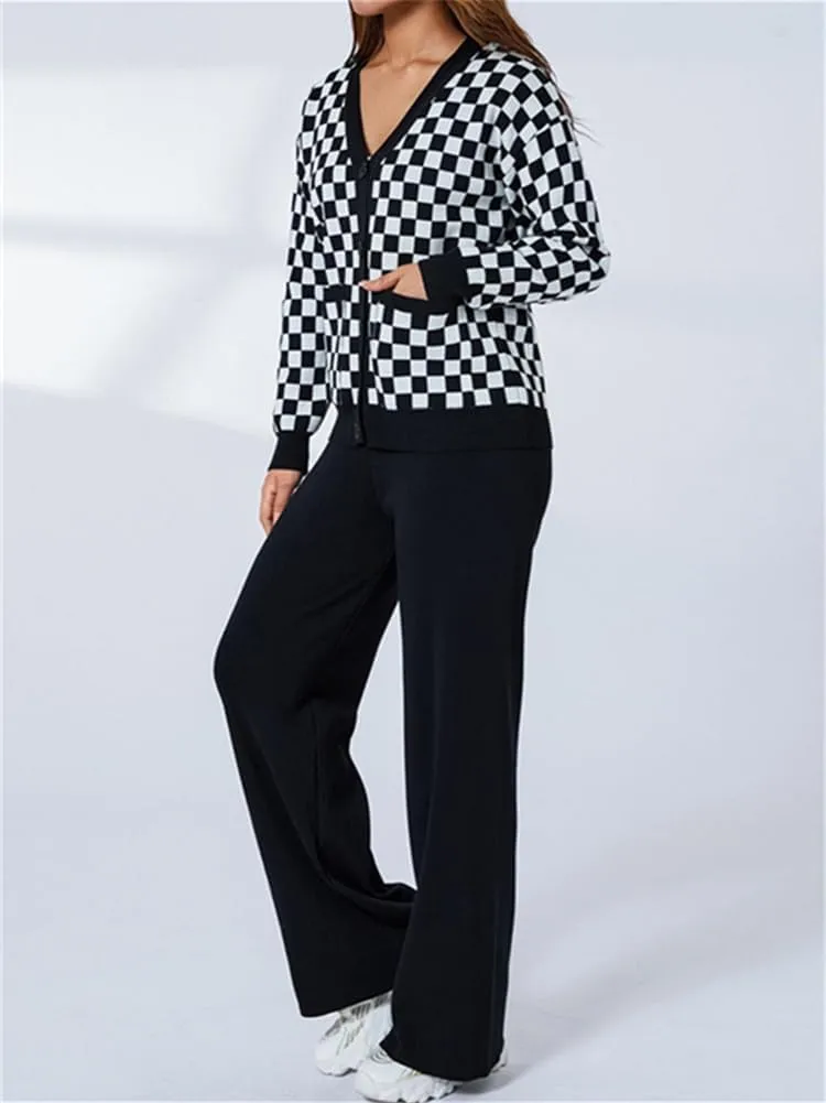 KEOMUD Women's Fall 2 Piece Outfits Knit Sweater Sets Long Sleeve V Neck Plaid Cardigan and Wide Leg Pant Lounge Sets