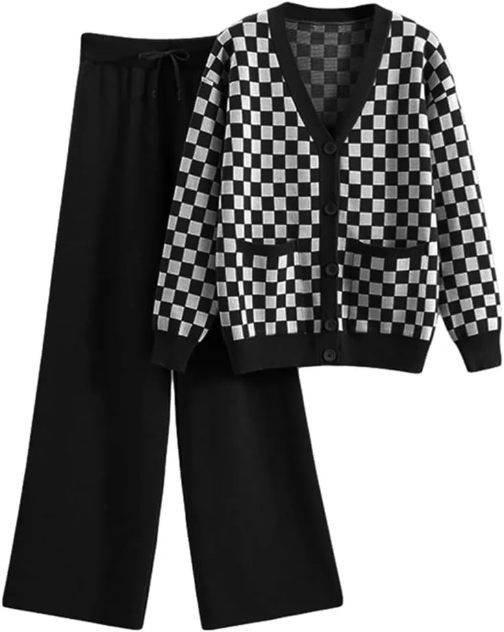 KEOMUD Women's Fall 2 Piece Outfits Knit Sweater Sets Long Sleeve V Neck Plaid Cardigan and Wide Leg Pant Lounge Sets