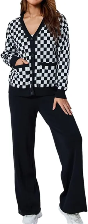 KEOMUD Women's Fall 2 Piece Outfits Knit Sweater Sets Long Sleeve V Neck Plaid Cardigan and Wide Leg Pant Lounge Sets