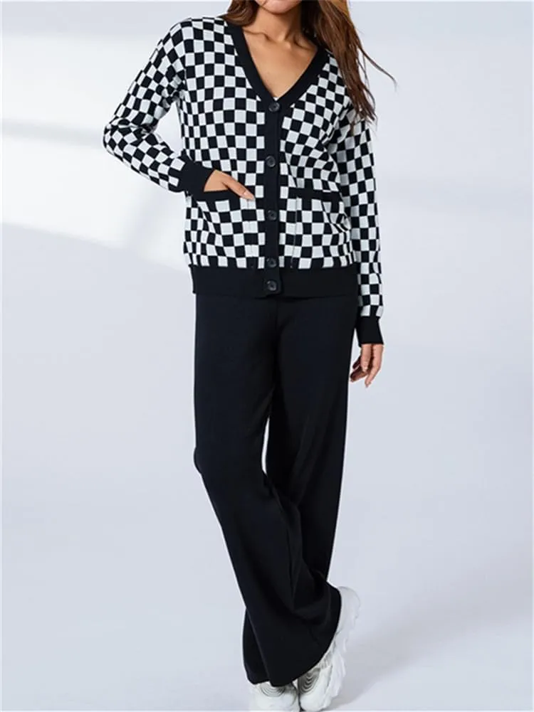 KEOMUD Women's Fall 2 Piece Outfits Knit Sweater Sets Long Sleeve V Neck Plaid Cardigan and Wide Leg Pant Lounge Sets