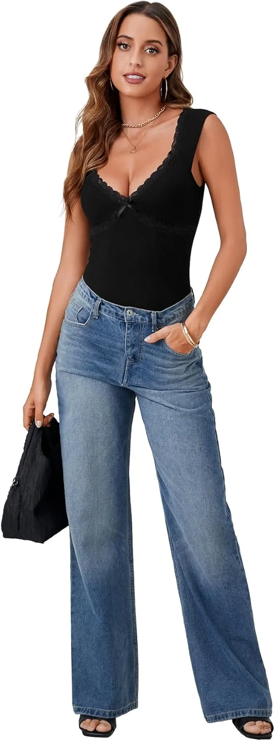 KIFOVEN Womens Bodysuit Sexy Sleeveless Deep V Neck Lace Trim Slim Fit Basic Going Out Top