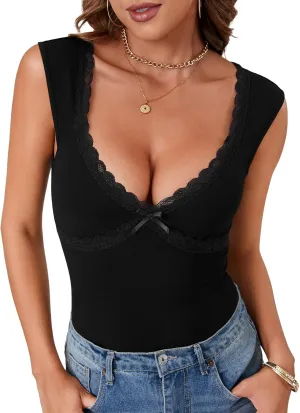 KIFOVEN Womens Bodysuit Sexy Sleeveless Deep V Neck Lace Trim Slim Fit Basic Going Out Top