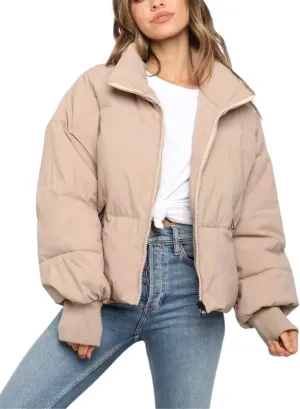 Kwoki Women's Winter Warm Long Sleeve Zip Puffer Jacket Baggy Short Down Coats with Pockets