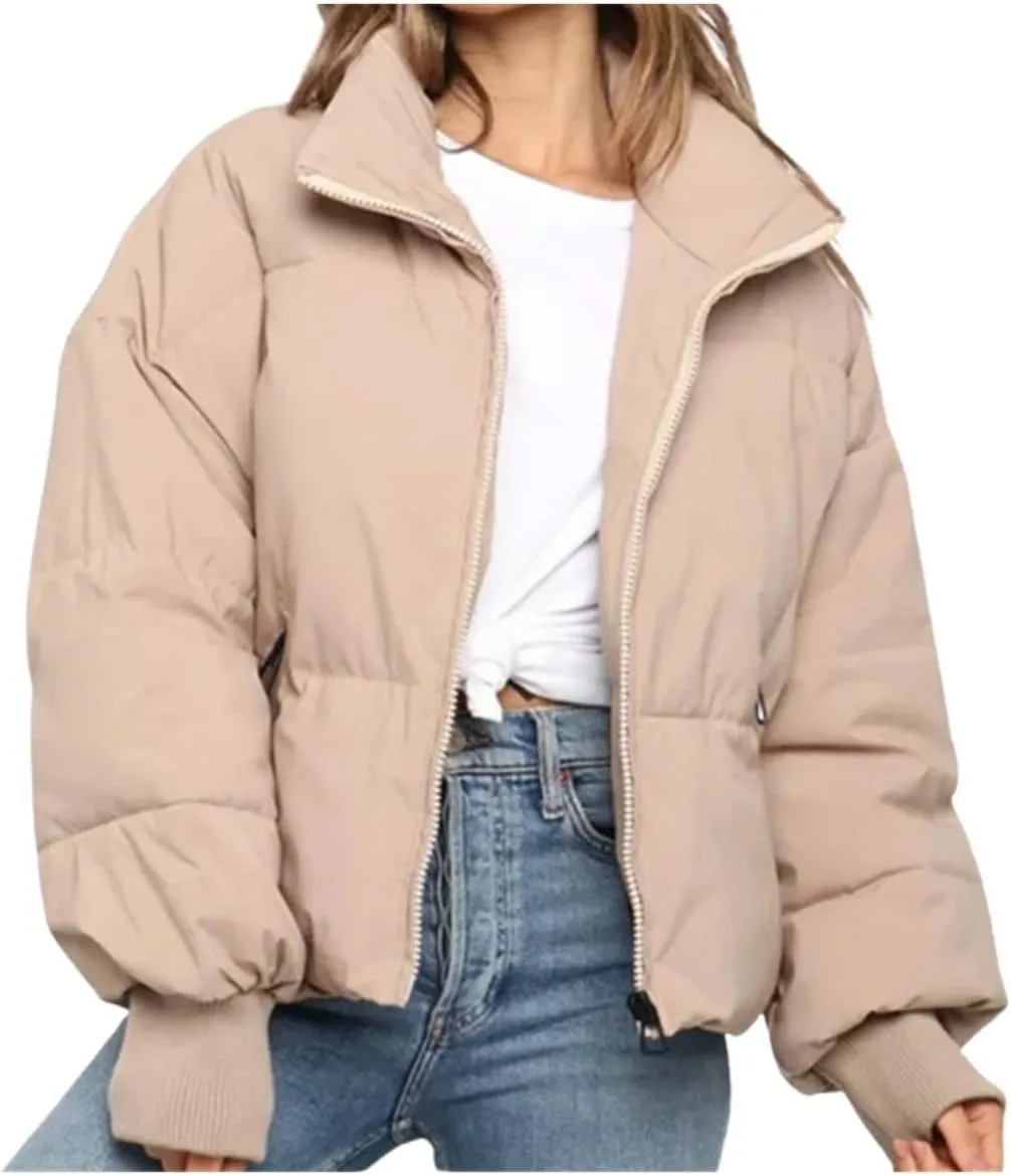 Kwoki Women's Winter Warm Long Sleeve Zip Puffer Jacket Baggy Short Down Coats with Pockets