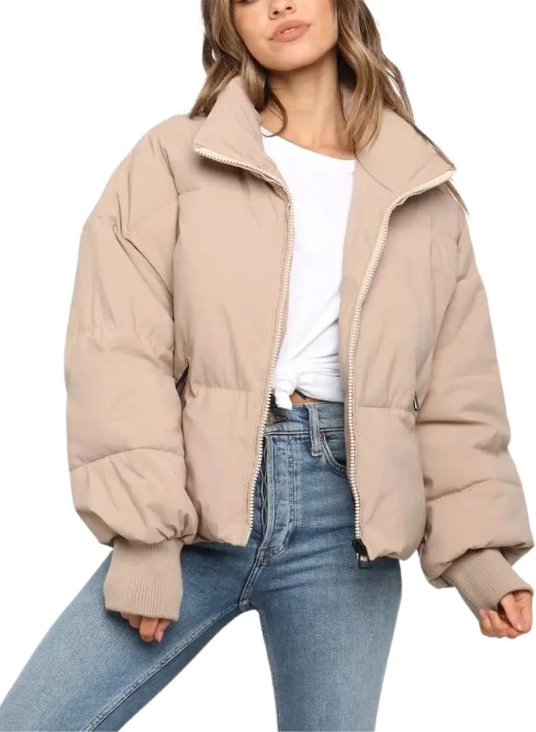 Kwoki Women's Winter Warm Long Sleeve Zip Puffer Jacket Baggy Short Down Coats with Pockets