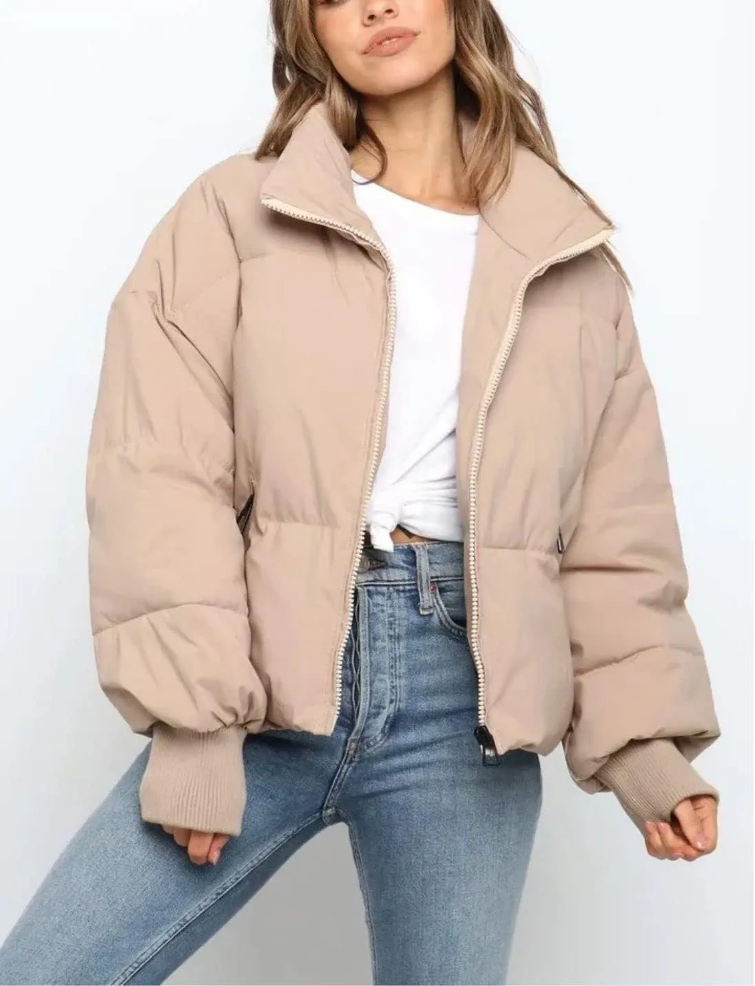 Kwoki Women's Winter Warm Long Sleeve Zip Puffer Jacket Baggy Short Down Coats with Pockets