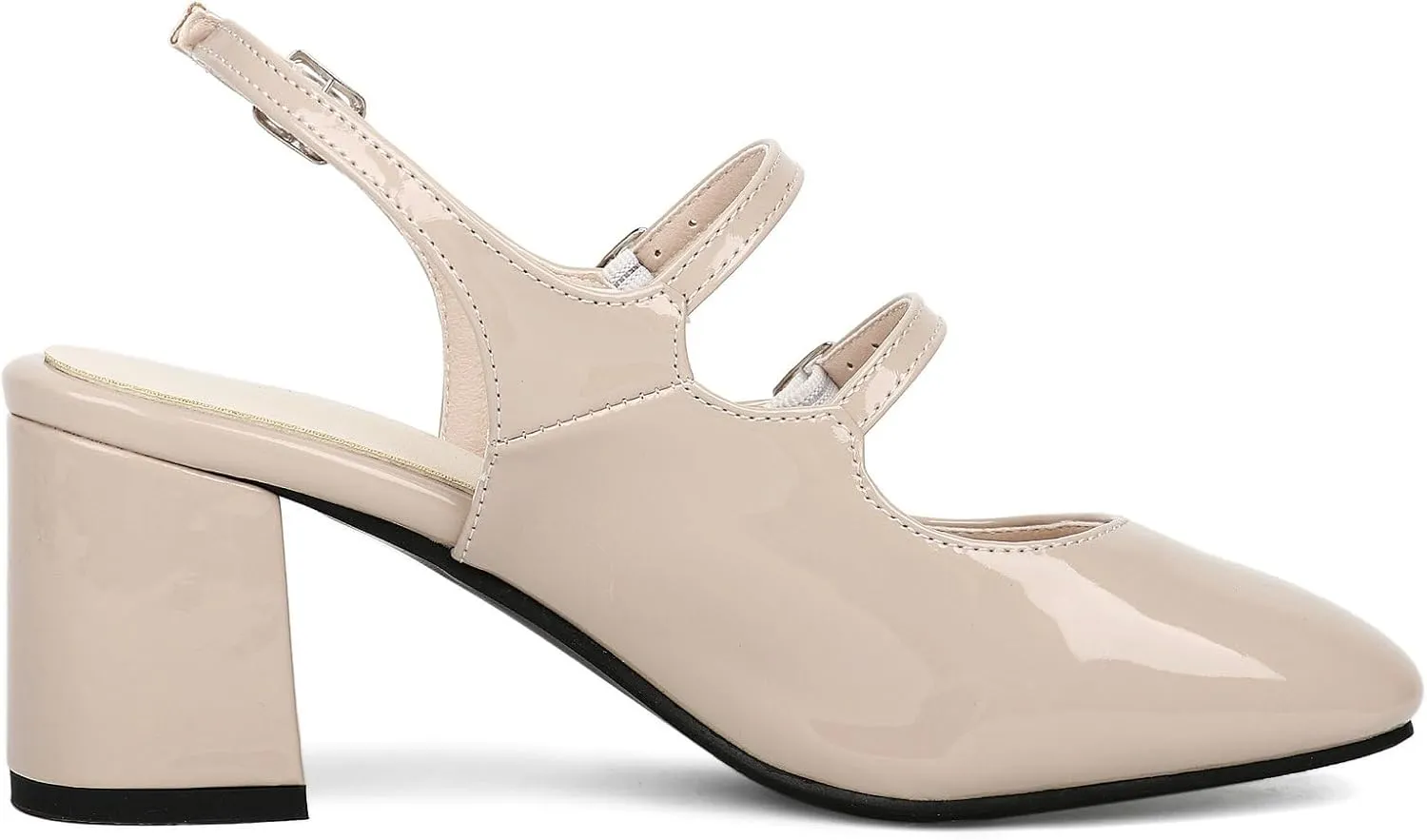 KysBloes Women Square Toe Slingback Pumps Patent Leather Chunky Heel Mary Janes Comfortable Strappy Pumps