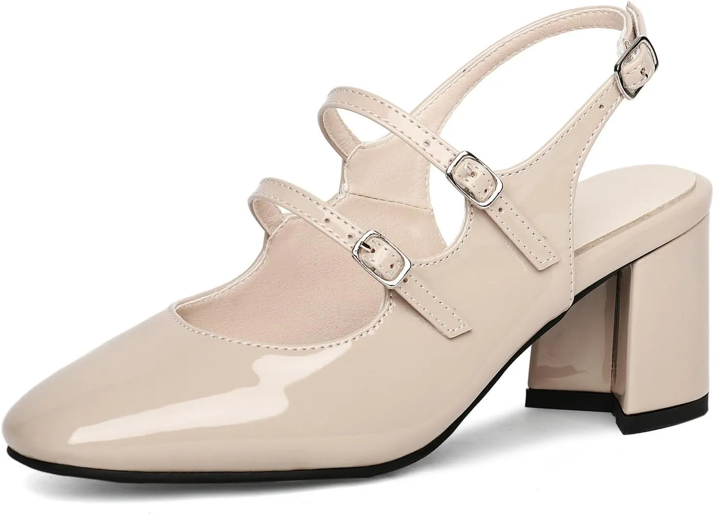 KysBloes Women Square Toe Slingback Pumps Patent Leather Chunky Heel Mary Janes Comfortable Strappy Pumps