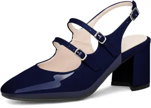 KysBloes Women Square Toe Slingback Pumps Patent Leather Chunky Heel Mary Janes Comfortable Strappy Pumps