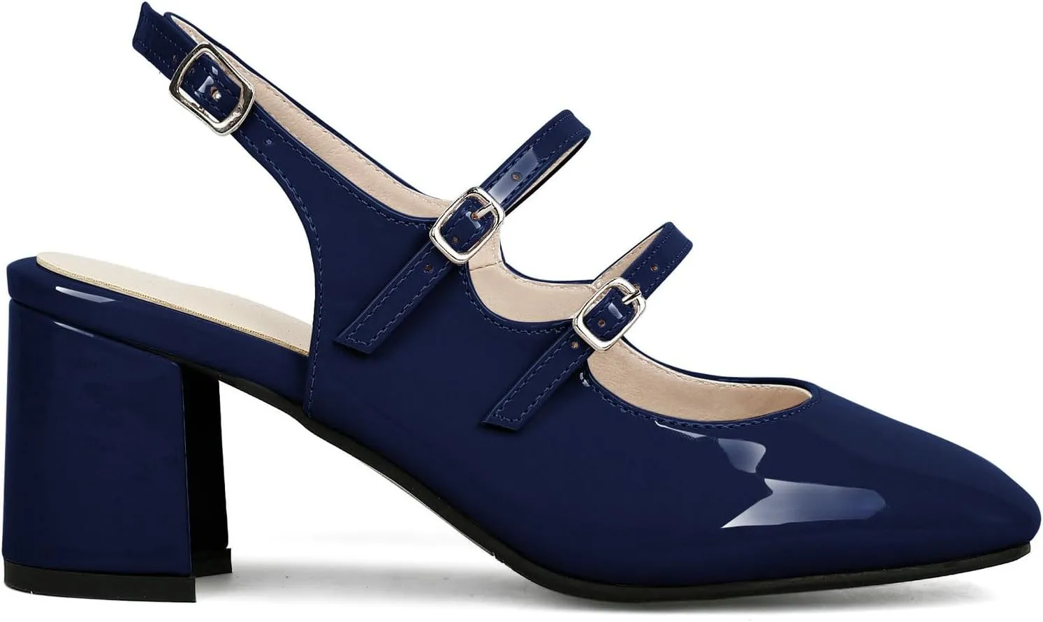 KysBloes Women Square Toe Slingback Pumps Patent Leather Chunky Heel Mary Janes Comfortable Strappy Pumps