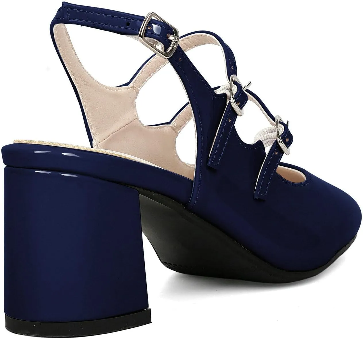KysBloes Women Square Toe Slingback Pumps Patent Leather Chunky Heel Mary Janes Comfortable Strappy Pumps
