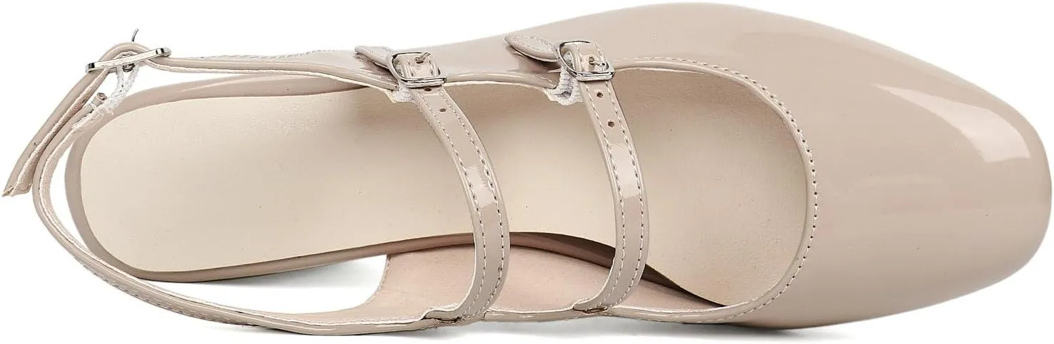 KysBloes Women Square Toe Slingback Pumps Patent Leather Chunky Heel Mary Janes Comfortable Strappy Pumps