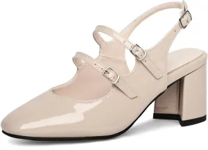 KysBloes Women Square Toe Slingback Pumps Patent Leather Chunky Heel Mary Janes Comfortable Strappy Pumps