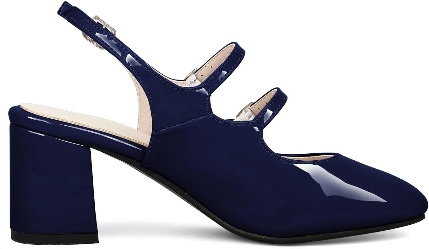 KysBloes Women Square Toe Slingback Pumps Patent Leather Chunky Heel Mary Janes Comfortable Strappy Pumps