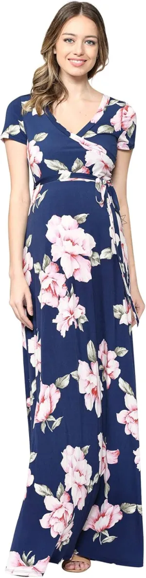 LaClef Women's Faux Wrap Maternity Maxi Dress with Adjustable Belt