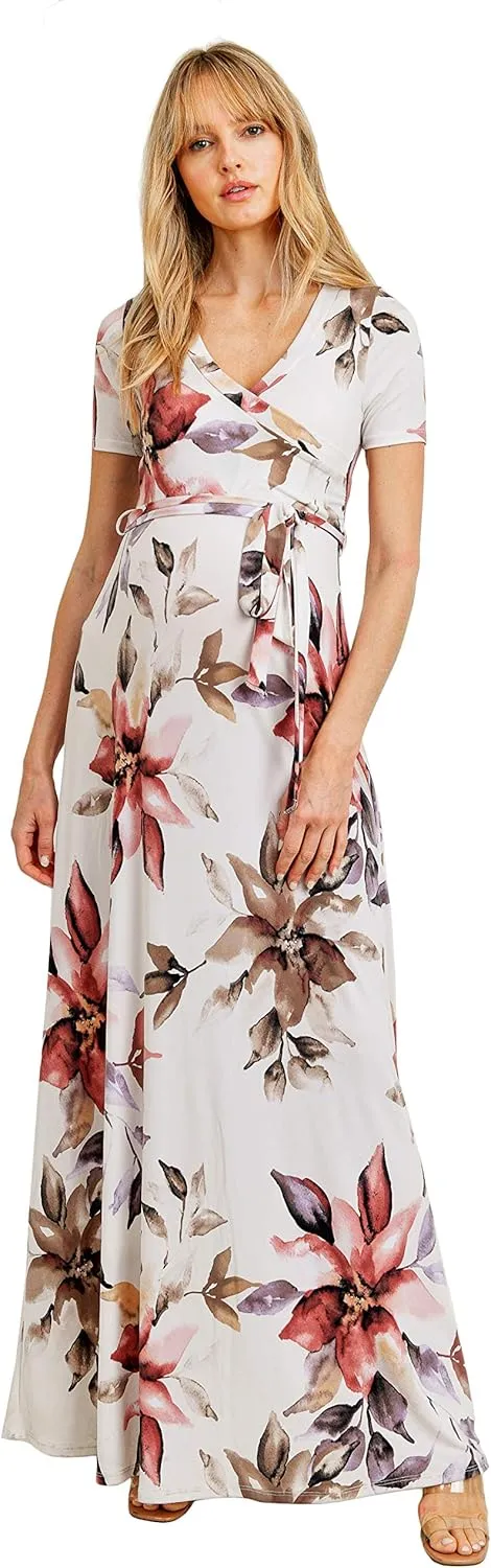 LaClef Women's Faux Wrap Maternity Maxi Dress with Adjustable Belt