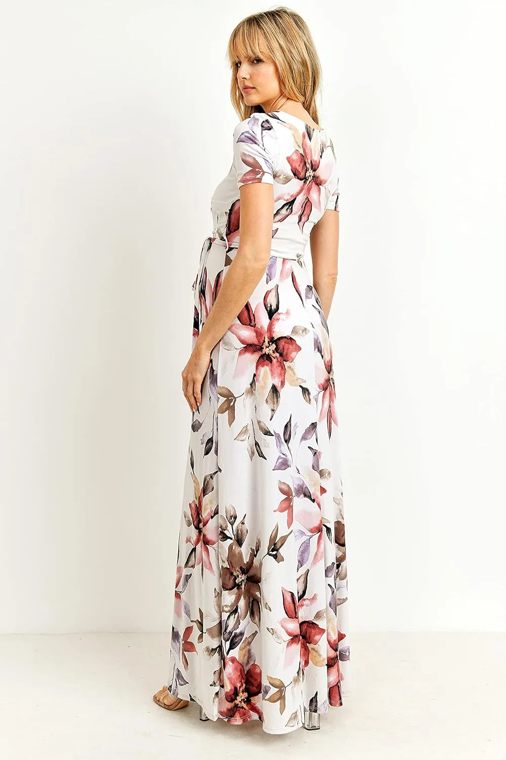 LaClef Women's Faux Wrap Maternity Maxi Dress with Adjustable Belt