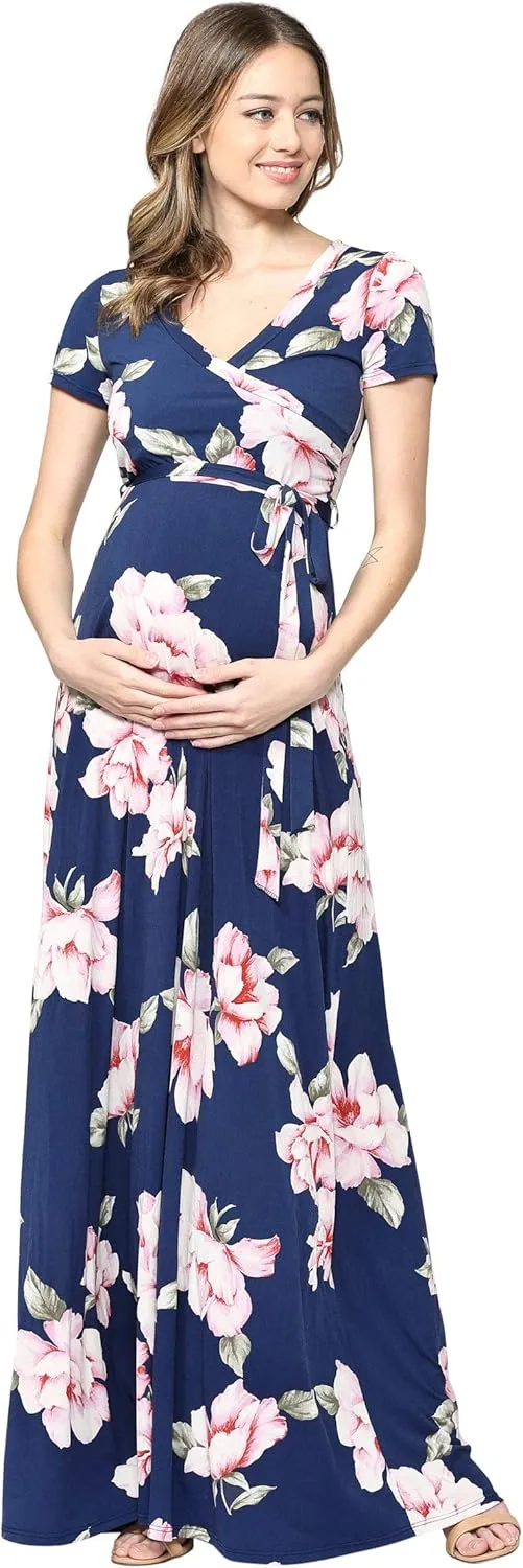 LaClef Women's Faux Wrap Maternity Maxi Dress with Adjustable Belt