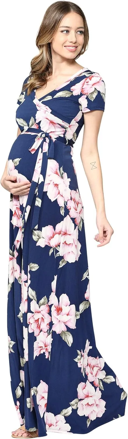 LaClef Women's Faux Wrap Maternity Maxi Dress with Adjustable Belt