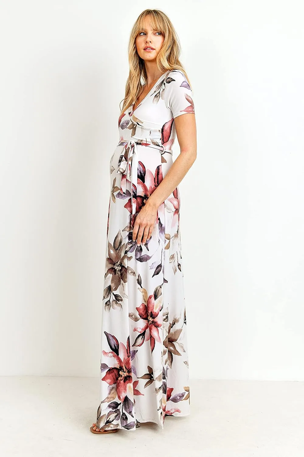 LaClef Women's Faux Wrap Maternity Maxi Dress with Adjustable Belt