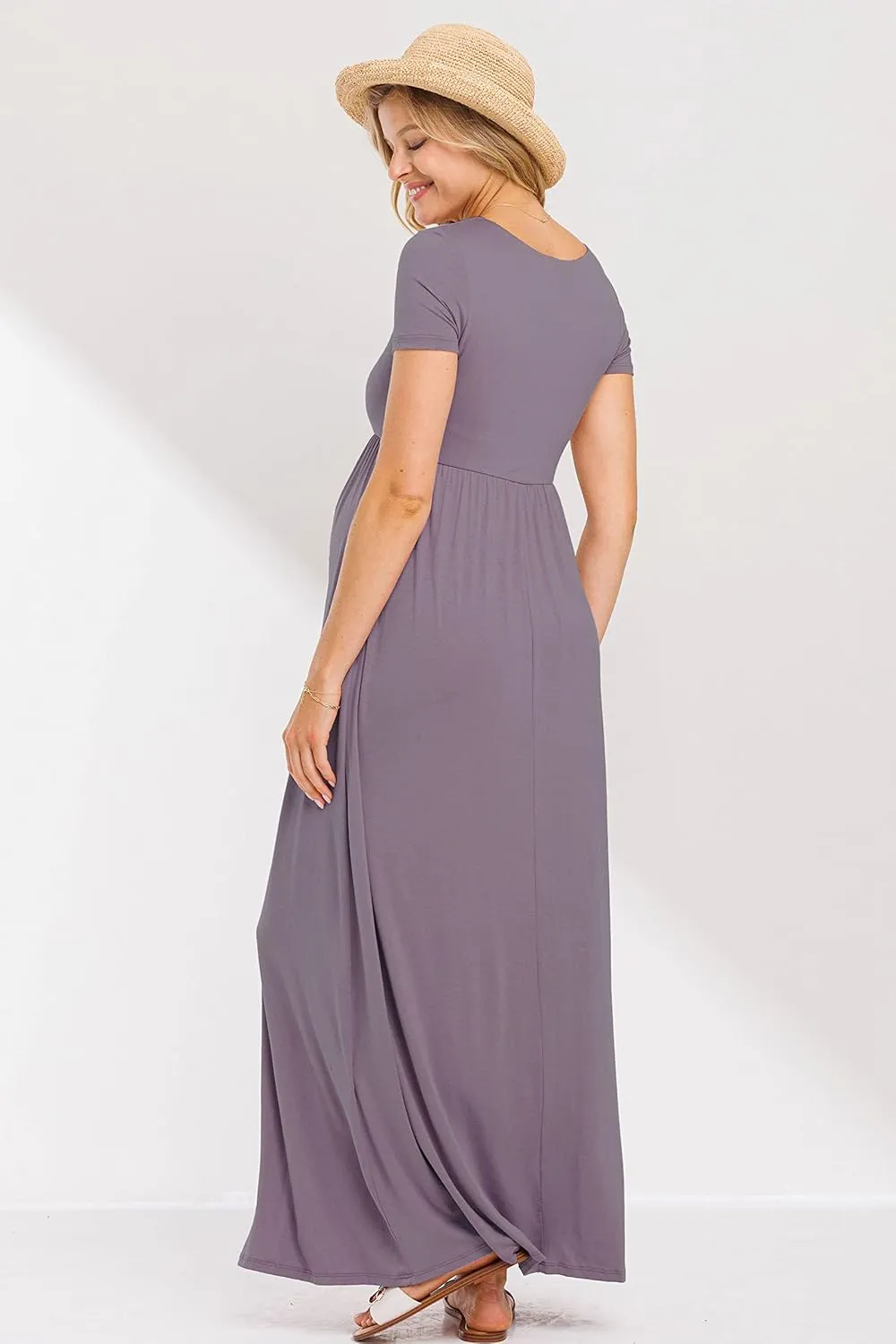 LaClef Women's Maternity Short Sleeve Empire Waist Summer Maxi Dress with Pockets