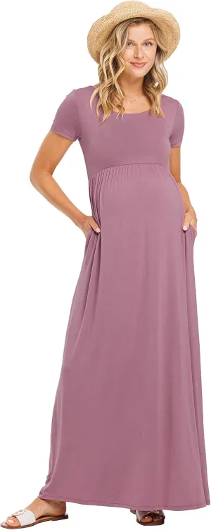LaClef Women's Maternity Short Sleeve Empire Waist Summer Maxi Dress with Pockets