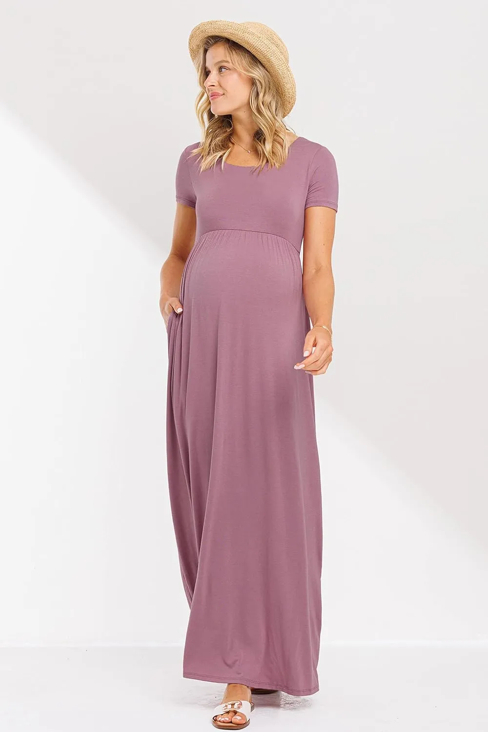 LaClef Women's Maternity Short Sleeve Empire Waist Summer Maxi Dress with Pockets